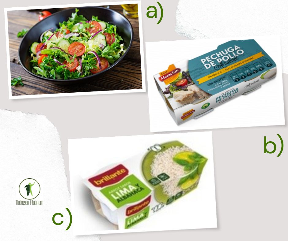 Ensalada de lechuga y pepino con pechuga de pollo en lata y vasito de arroz con lima y albahaca.